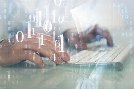 Multi exposure of tech drawings with man working on computer background. Concept of innovation.
