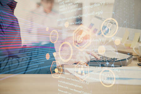 Multi exposure of tech drawings with man working on computer background. Concept of innovation.