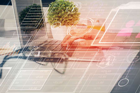 Multi exposure of tech drawings with man working on computer background. Concept of innovation.