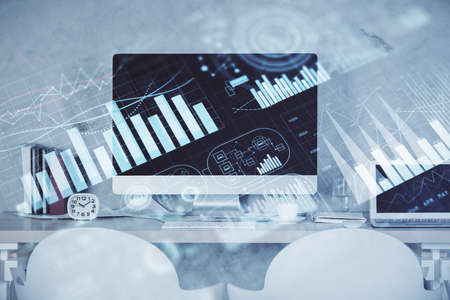 Multi exposure of stock market chart drawing and office interior background. Concept of financial...