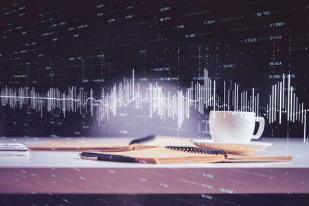 Multi exposure of forex graph drawing and desktop with coffee and items on table background. Concept...
