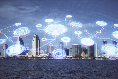 Double exposure of social network theme drawing and cityscape background. Concept of people...