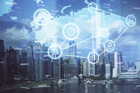 Double exposure of social network theme drawing and cityscape background. Concept of people...