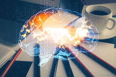 Double exposure of desktop computer and human brain drawing hologram. Ai concept.
