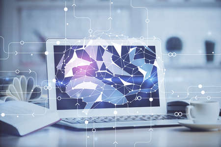 Double exposure of work space with computer and human brain drawing hologram. Brainstorm concept.の写真素材