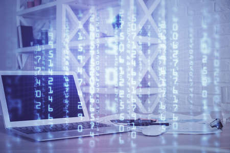 Double exposure of computer and technology theme hud. Concept of innovation.