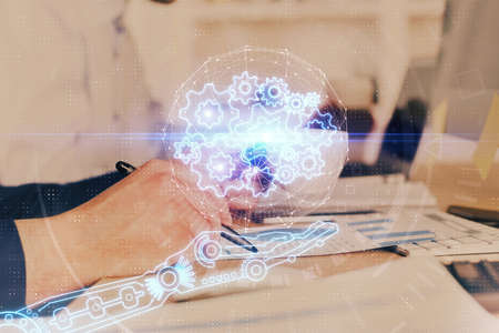 Human's hands with data theme double exposure background drawings. Concept of big data.