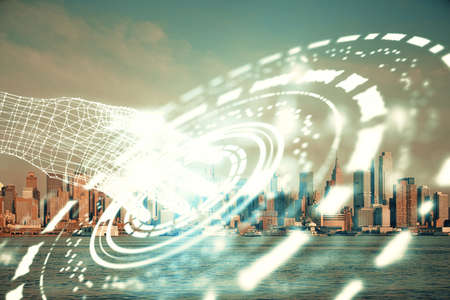 Data theme hologram drawing on city view with skyscrapers background multi exposure. Bigdata...