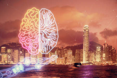 Brain hologram drawing on city scape background Double exposure. Brainstorming concept.