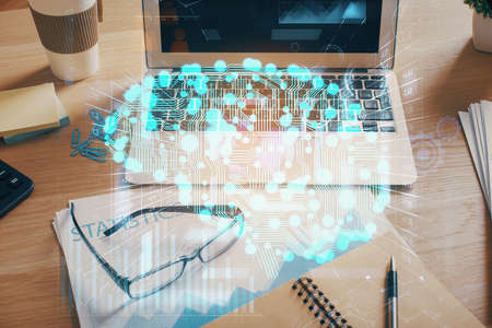 Double exposure of desktop computer and human brain drawing hologram. Ai concept.