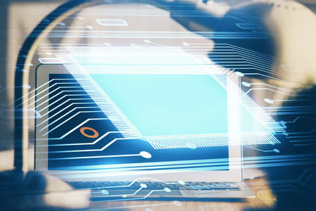 Double exposure of desktop with personal computer on background and tech theme drawing. Concept of...