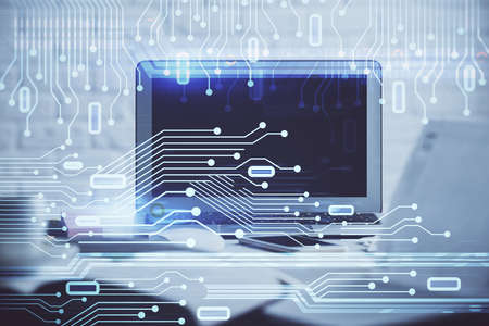 Multi exposure of desktop computer and technology theme hologram. Concept of software development.
