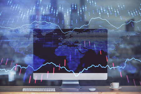 Forex market chart hologram and personal computer background. Multi exposure. Concept of investment.