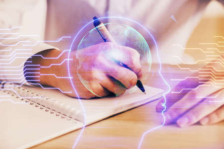 Man's hands with atificial intelligence double exposure icon. Concept of computer learning.