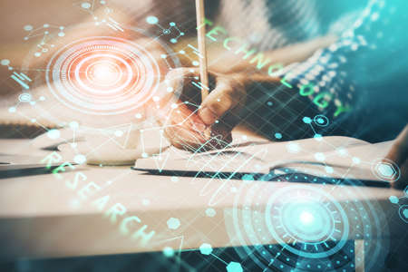 Writing man's hands background with technology icons. Double exposure. Concept of big data.