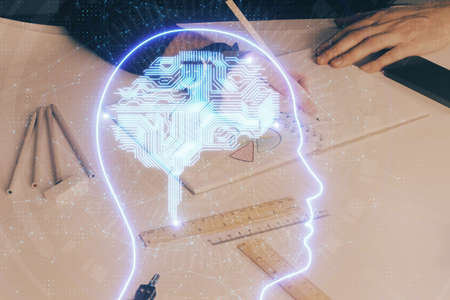 Brain multi exposure icon with man hands background. Concept of learning.