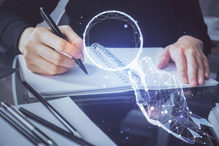 Start up creative drawing over close up hands on background. Concept of brainstorming. Multi...