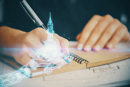 Start up creative drawing over close up hands on background. Concept of brainstorming. Multi...