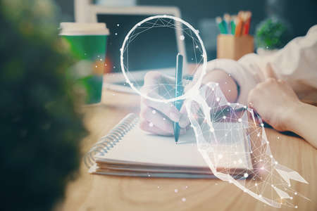 Start up creative drawing over close up hands on background. Concept of brainstorming. Multi...