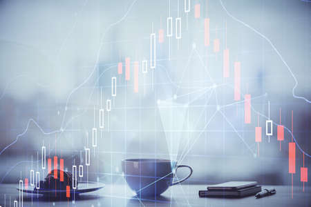 Double exposure of forex chart over coffee cup background in office. Concept of financial analysis...