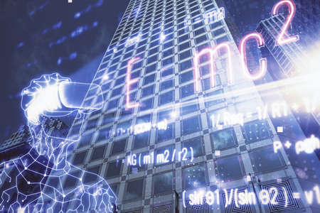 Double exposure of sience formula drawing and cityscape background. Concept of education.