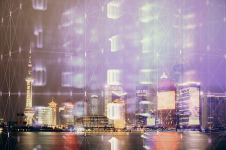 Data theme hologram drawing on city view with skyscrapers background double exposure. Ai concept.