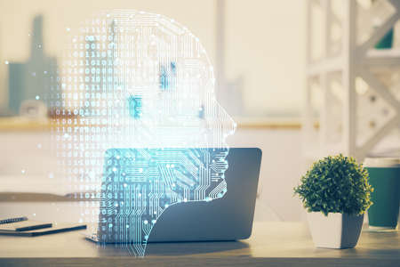 Double exposure of desktop computer and human brain drawing hologram. Ai concept.