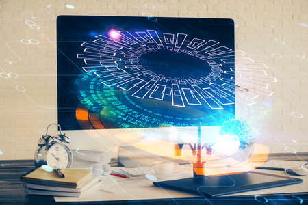 Double exposure of desktop with computer on background and tech theme drawing. Concept of big data.