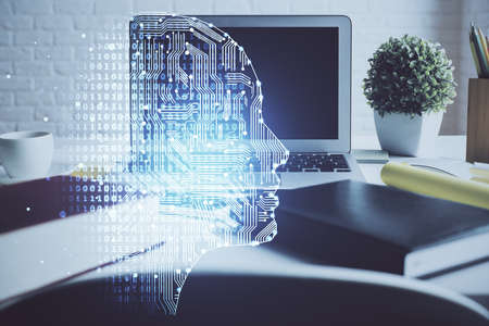 Double exposure of work space with computer and human brain drawing hologram. Brainstorm concept.の写真素材