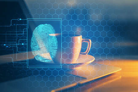 Computer on desktop in office with finger print drawing. Double exposure. Concept of business data...