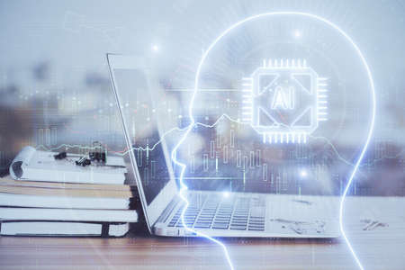 Multi exposure of work table with computer and brain hologram. Brainstorm concept.
