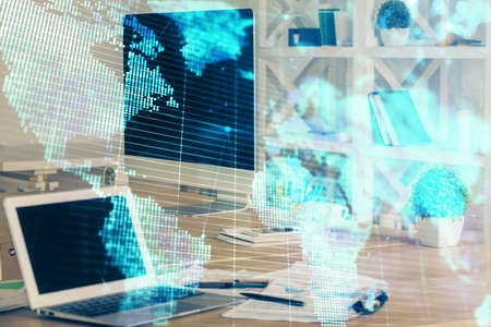 Multi exposure of business theme icons and table with computer background. Concept of success.の写真素材