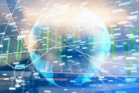 Multi exposure of business theme icons and table with computer background. Concept of success.