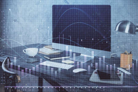 Financial chart drawing and table with computer on background. Multi exposure. Concept of...