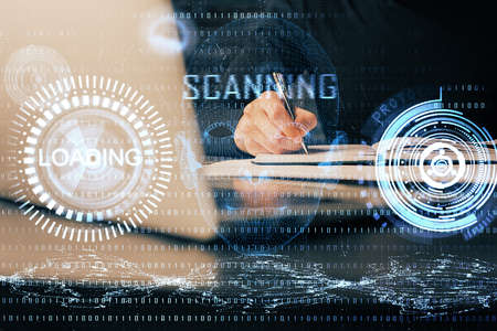 Humans hands with data theme multi exposure background drawings. Concept of innovation.の写真素材