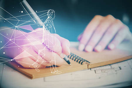 Start up creative drawing over close up hands on background. Concept of brainstorming. Multi exposureの写真素材