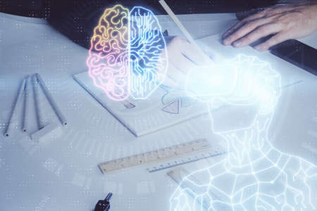 Abstract man wearing augmented reality headsets computer work with writing human background. AR...