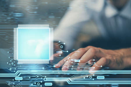 Multi exposure of data internet theme hologram with man working on computer on background. Concept...