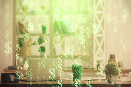 Double exposure of stock market graph drawing and office interior background. Concept of financial analysis.の写真素材
