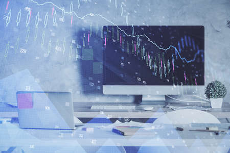 Multi exposure of financial graph drawing and office interior background. Concept of market...