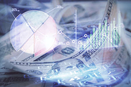 Double exposure of forex graph drawing over us dollars bill background. Concept of financial markets.の写真素材