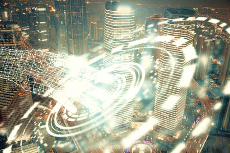 Data theme hologram drawing on city view with skyscrapers background multi exposure. Ai concept.