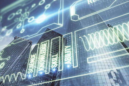 Double exposure of education theme drawing and cityscape background.の写真素材