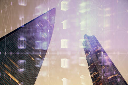 Data theme hologram drawing on city view with skyscrapers background double exposure. Ai concept.