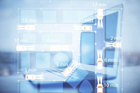 Desktop computer background in office with automobile hologram drawing. Multi exposure. Tech...