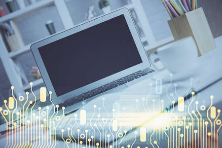 Double exposure of desktop with personal computer on background and tech theme drawing. Concept of data analysis.の写真素材
