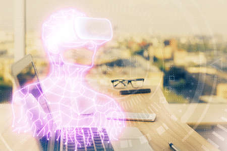 Computer on desktop with AR theme icon. Multi exposure. Concept of augmented reality.