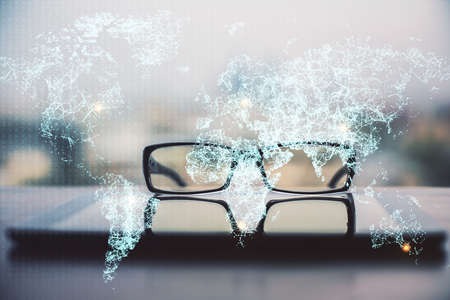 Social network theme drawing with glasses on the table background. Concept of people media connection. Double exposure.の写真素材