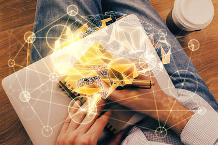 Haman brain multi exposure icon with man hands background. Concept of Ai.の写真素材