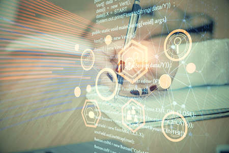 Multi exposure of womans writing hand on background with data technology hud. Concept of innovation.